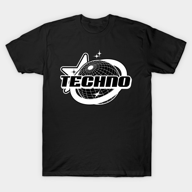 TECHNO  - Y2K grid globe stars (white) T-Shirt by DISCOTHREADZ 